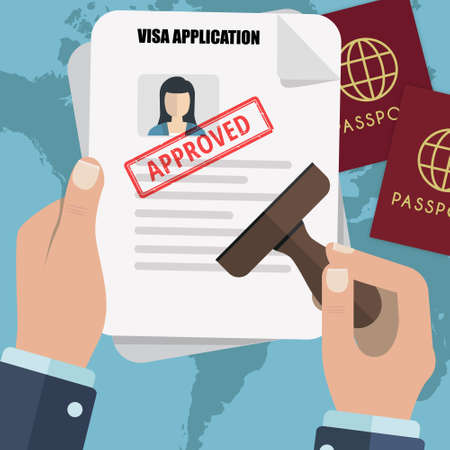 Emigration Visa Application concept with hand and papersのイラスト素材