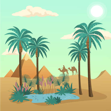 Egypt desert Landscape vector concept with palms and camelsの写真素材