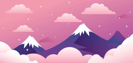 Concept of Cute Mountains Landscape on pink gradient backgroundのイラスト素材