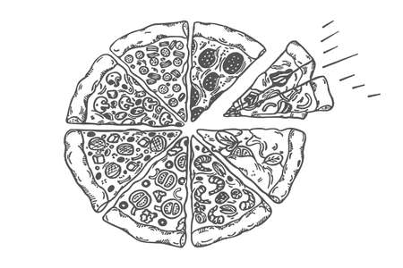 Pizza top view frame. Italian food menu design. Vintage hand drawn sketch vector illustration. Engraved style with black and whiteの写真素材
