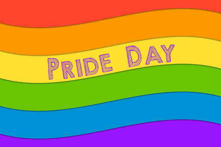 Pride day vector illustration background with doodle text over cute rainbow flagの写真素材