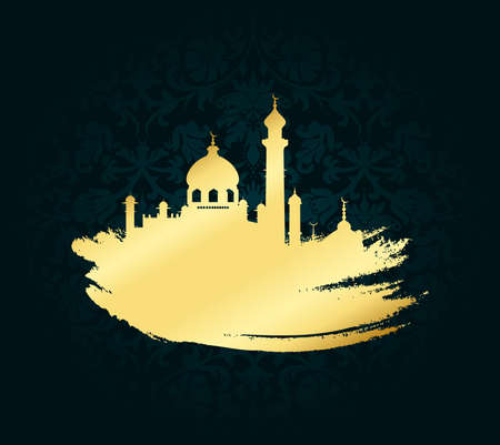 Ramadan kareem mubarak vector illustration for celebration gold brush stroke with mosque over black backgroundの写真素材