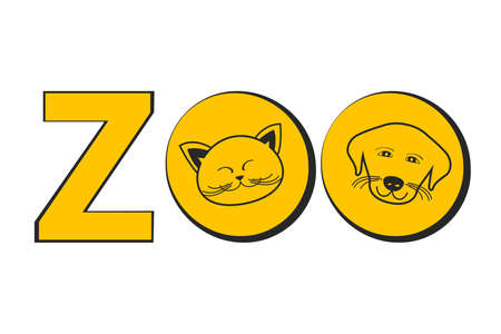 Zoo cartoon shop vector illustration concept of logo with dog and cat in yellow and black color over white backgroundの写真素材