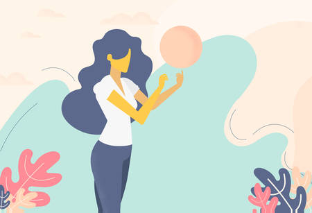 Woman with slim hands and long hair touches the sunのイラスト素材