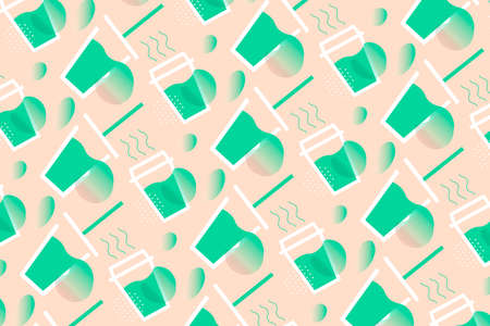 Coffee Time with cups of hot coffee and cups of fresh juice on warm backgroundのイラスト素材