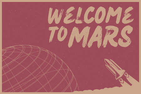 Welcome to Mars with Rocket vector illustration concept on dark red background with textureの写真素材