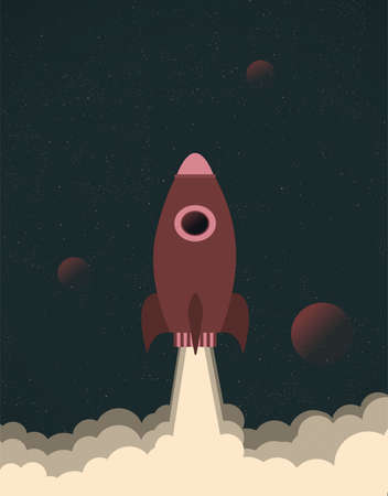 Isolated Rocket launch in the space to the planet vector illustration in paper flat style with texture poster design conceptの写真素材