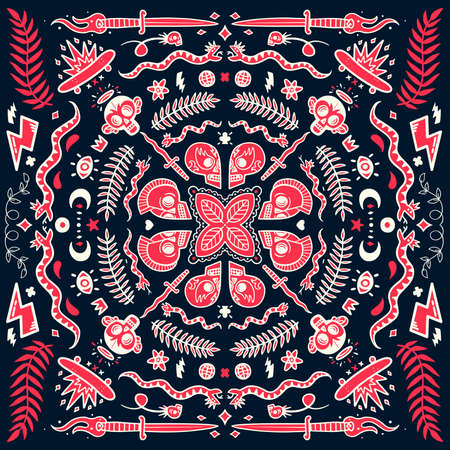 Old school tattoo elements in doodle style with snakes, skulls, skates and knifes vector illustration on dark backgroundのイラスト素材
