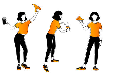 woman eating pizza with coffee in different posesのイラスト素材
