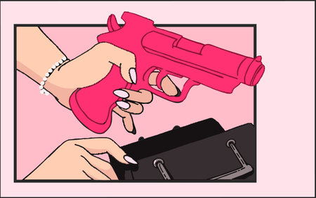 Hand Drawn Woman with pistol in hand from womans bag