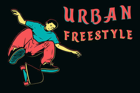 Young skater in red jeans and sneakers vector illustration for posterのイラスト素材
