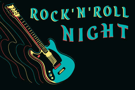Rock and roll night poster design with neon guitarのイラスト素材