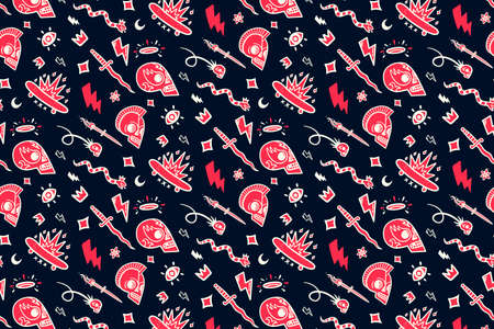 Colourful vector old school tattoos pattern designのイラスト素材