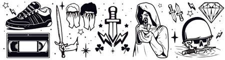 Isolated hand drawn thug life punk rock tattoo and biker's elementsのイラスト素材