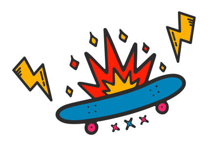 Skateboarding with cartoon explosion on isolated white backgroundのイラスト素材