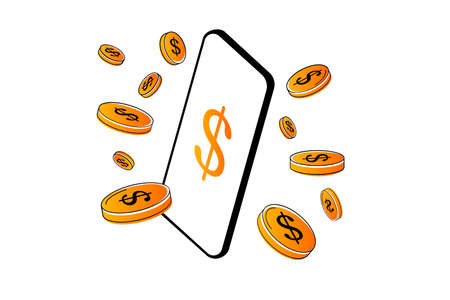 Mobile online payment design with rain of coinsの写真素材