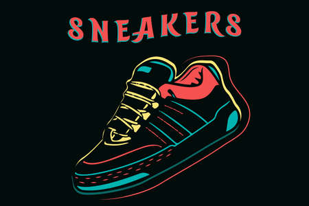Sneakers, sport shoes isolated cartoon design in neon style vector illustration with typographyの写真素材