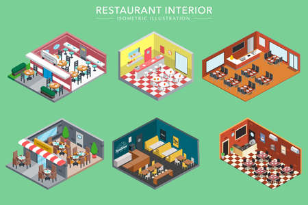 Concept of Isometric 3d Restaurant Interiors Vector Illustrationのイラスト素材
