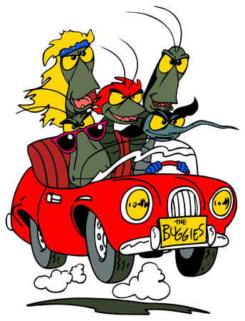 A cartoon rock group of bugs traveling by car.のイラスト素材