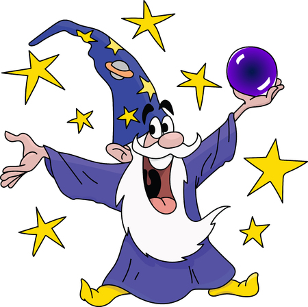 Cartoon magician holding a crystal ball in his hands vector illustrationのイラスト素材