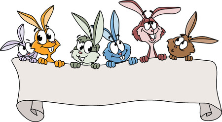 A group of cartoon bunnies holding a blank banner vector illustrationのイラスト素材