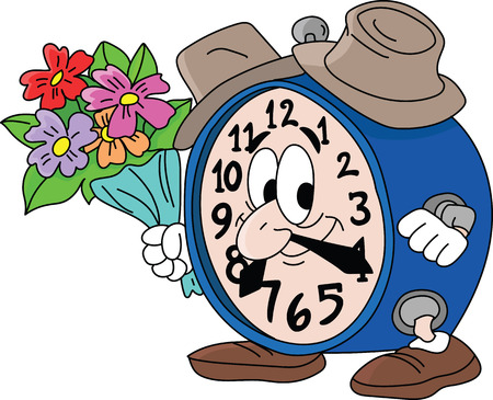 Cartoon clock holding a bouquet of flowers going on a date with his girlfriend vector illustrationのイラスト素材