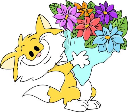 Cartoon cat holding a bouquet of flowers vector illustrationのイラスト素材