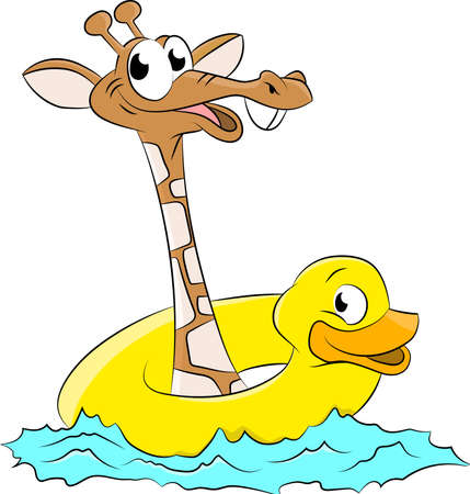 Cartoon giraffe wearing a duck life buoy swimming vector illustrationのイラスト素材
