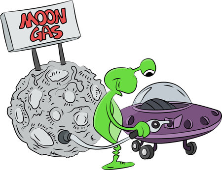 Cartoon alien filling the tank of his spaceship vector illustration