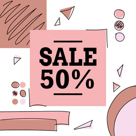 Discount banner for web commerce. Sale 50% on creative background with geometric and handdrawn elements. Designd for web and prints.のイラスト素材