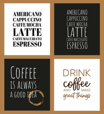 Set of 4 illustrations for kitchen, cage, restaurant or interior poster. Creative layout for coffee lovers on dark and white background.のイラスト素材