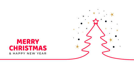 Minimalistic design vector greeting card for Christmas. Merry Christmas bold text with silhouette of a tree, snow and stars. Isolated on white backgroundのイラスト素材