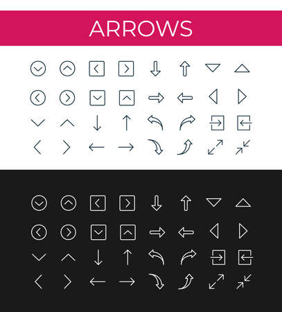 Set of outline black and white arrows icons on white and black background. Flat design vector icons for your designsのイラスト素材