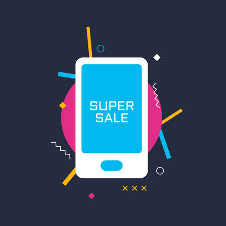 Sale banner with smartphone and design elements. Vector illustration for business, prints and web. Creative colorful image for your designのイラスト素材