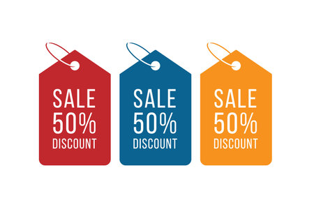 50 Off sale for business and promotion. Vector illustration. Set of 3 colored tags with discount in...