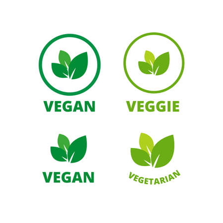 Vegan logo green leaf label template for veggie or vegetarian food package design. Isolated green leaf icon for vegetarian bio nutrition and healthy diet or vegan restaurant menu. Vector setのイラスト素材