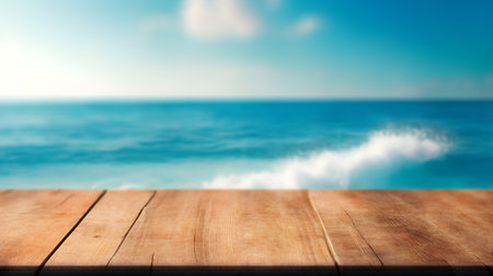 Wooden table over blurred blue sea and sky background, product display montageの素材