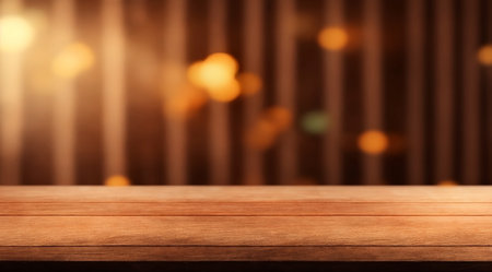 Empty wooden table and bokeh lights background. For product displayの素材