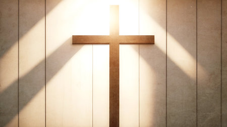 Cross on wooden background. Christian concept. 3D Rendering.の素材