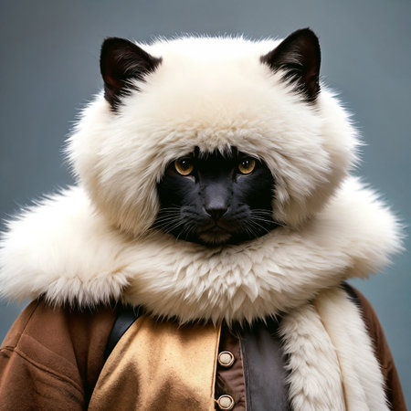 Fashion portrait of a cat with black eyes in a coat.の素材