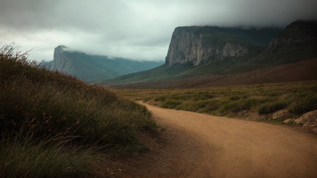 Gravel road in the mountains with fog and clouds in the backgroundの素材