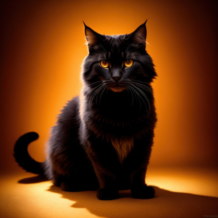 Black Maine Coon cat with yellow eyes sitting on orange background.の素材
