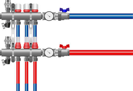 Underfloor heating collector. Stainless steel Water Distribution Manifold for Underfloor Heating System. The design concept of heating. Vector design of heating systemsのイラスト素材