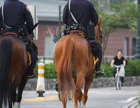 Cops with full gear on horseback patrolling the neighborhoodの写真素材