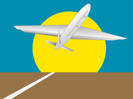 Illustration of a plane taking off with a large sun and blue sky in the backgroundのイラスト素材