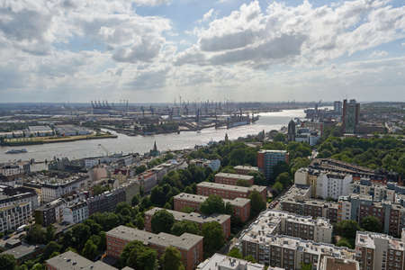 Aerial view of Hamburg harbour, Germany on a sunny dayの写真素材