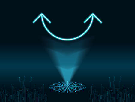 Neon arrow.Hologram of neon arrows.Glowing neon arrow pointer on a interesting background.のイラスト素材