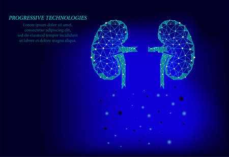 Human stomach in 3D projection. Diseases of the stomach, treatment of inflammation of the stomach. Blue triangles polygonal 3D render shape.のイラスト素材