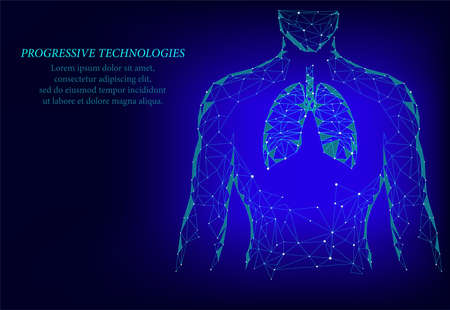 Human stomach in 3D projection. Diseases of the stomach, treatment of inflammation of the stomach. Blue triangles polygonal 3D render shape.のイラスト素材