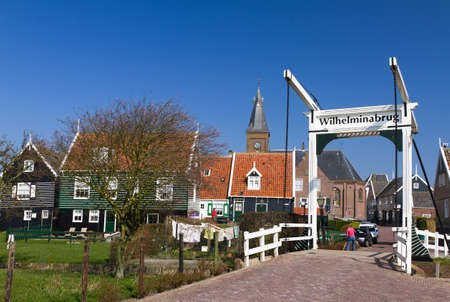 The Wilhelmina bridge in the traditional town of Marken near Amsterdam in the Netherlandsの写真素材